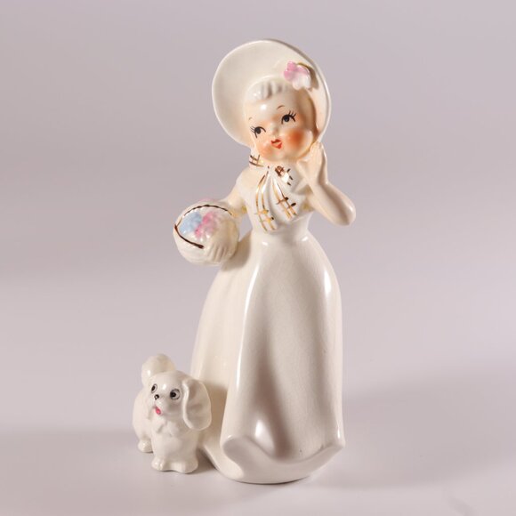 Shafford Hand Decorated Girl Walking Dog White Dress Hat and Basket 5B/216 Japan - Picture 2 of 4